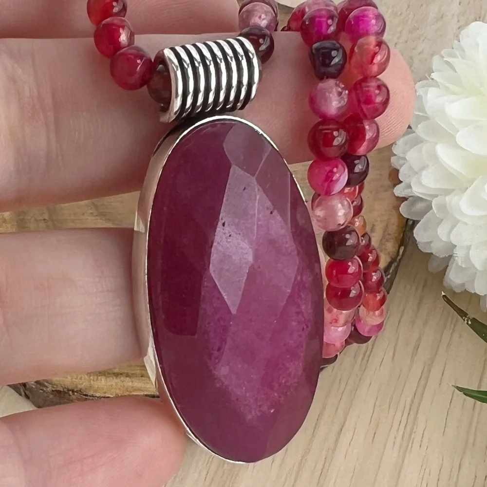 Ruby Tourmaline Pendant Solid Sterling Silver 925 and 4mm Agate Necklace New - Picture 3 of 6